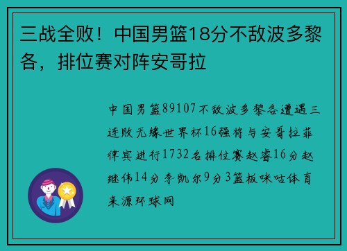 三战全败！中国男篮18分不敌波多黎各，排位赛对阵安哥拉