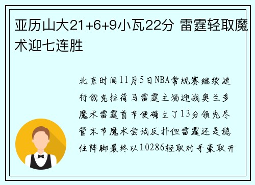 亚历山大21+6+9小瓦22分 雷霆轻取魔术迎七连胜